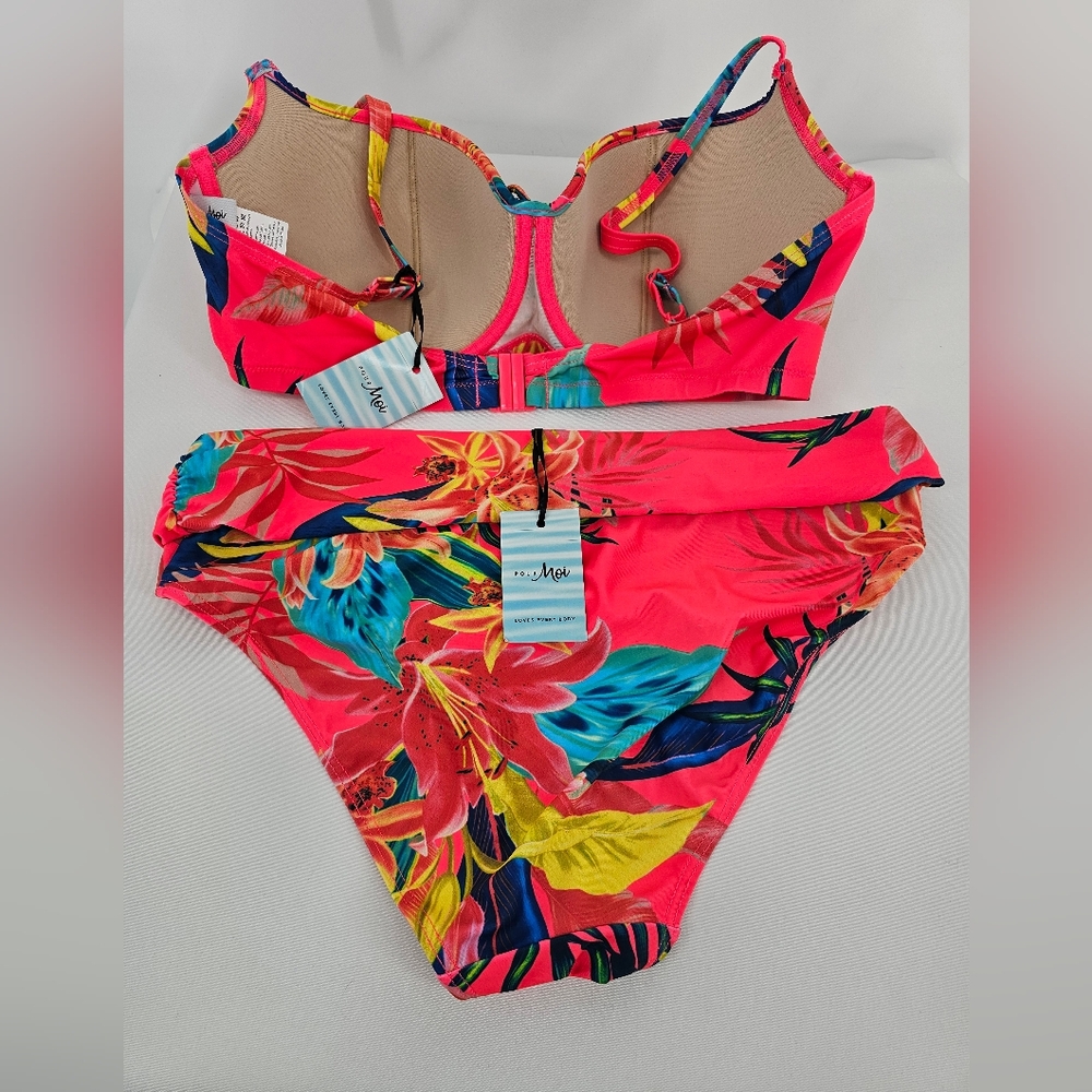 Tropical Print Bikini Set - Coral Pink and Blue - Picture 3 of 7